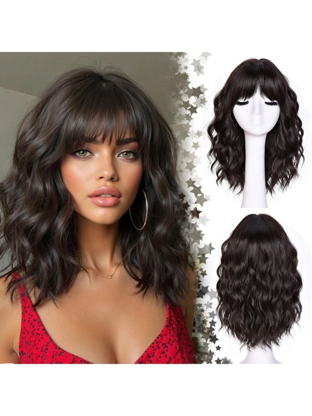 Women's Dark Brown 14 Inch Natural Synthetic Short Curly Wavy Fiber Wigs